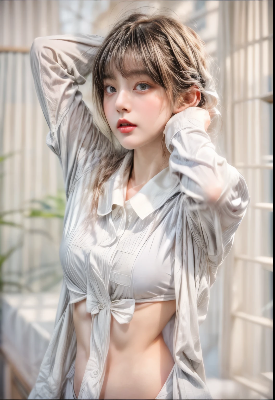 masterpiece、8K、32K、highest quality、(Detailed both eyes)、(cute japanese woman、bangs:1.3)、23 years old、1 girl、elegant、black hair、(retro、film camera:1.4)、gravure、(huge :1.2)、(uniform、white collar shirt:1.3)、office