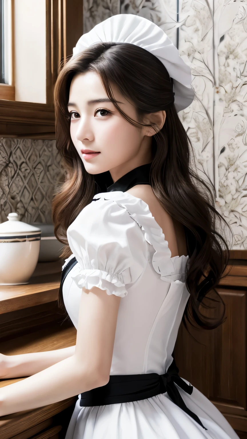 (hyperrealistic), (illustration), (high resolution), (8K), (extremely detailed), (best illustration), (beautiful detailed eyes), (best quality), (super detailed), (masterpiece), (wallpaper), (detailed face), solo, (dynamic pose), 1 girl, white wavy hair in the kitchen, korean, maid girl, black and white maid dress
