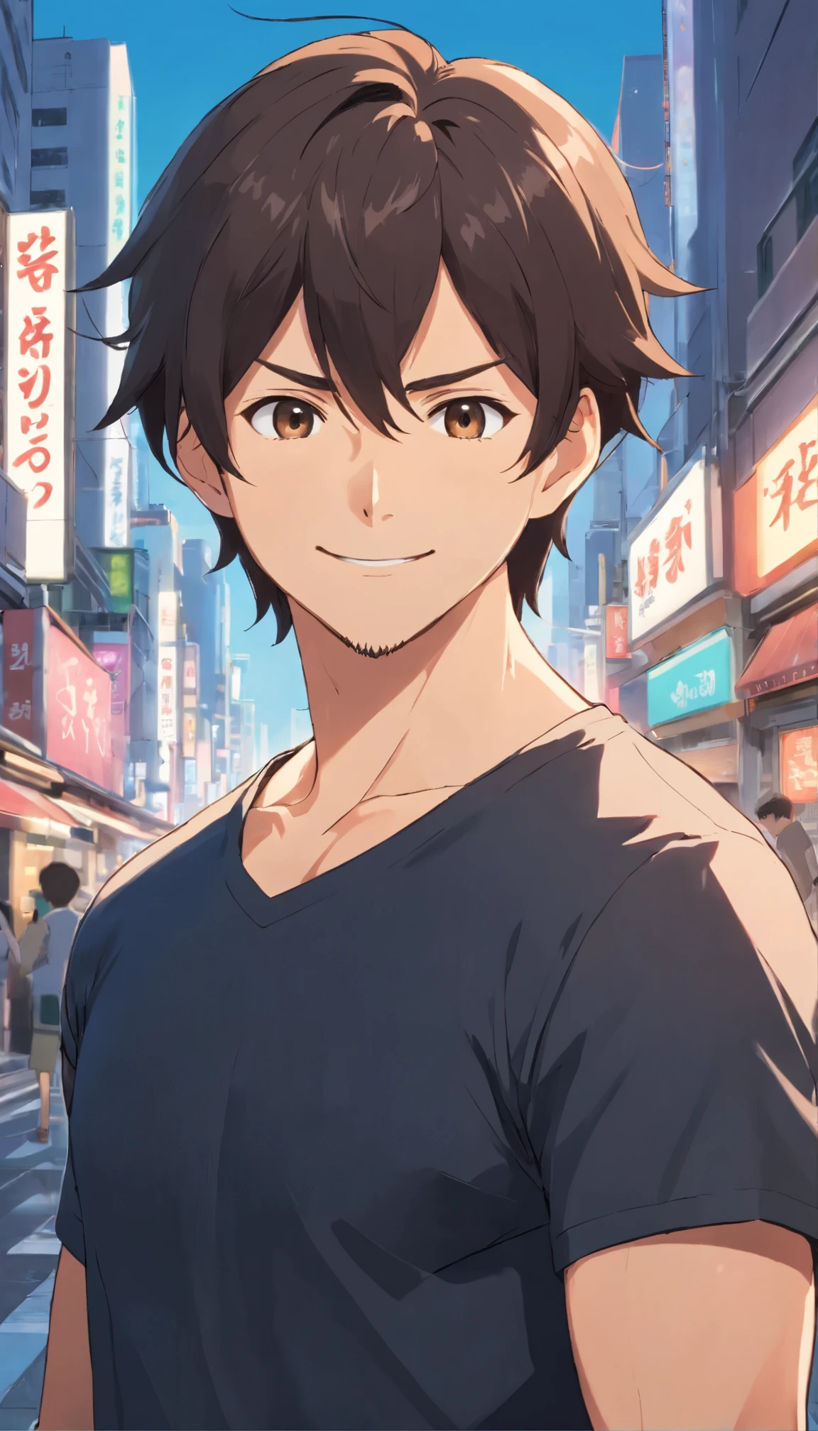 (Front view:1.4),Groomed beard,40-year-old dandy man,Composition of the upper body,Makoto Shinkai's painting style,japanes,(a smile:1.3),Ridicule,A tall man,a beard, Delicate facial features like an actor,Short-haired true black hair, (Black Y-shirt:1.4), Intense muscles, eyes are brown, The city of Shinjuku