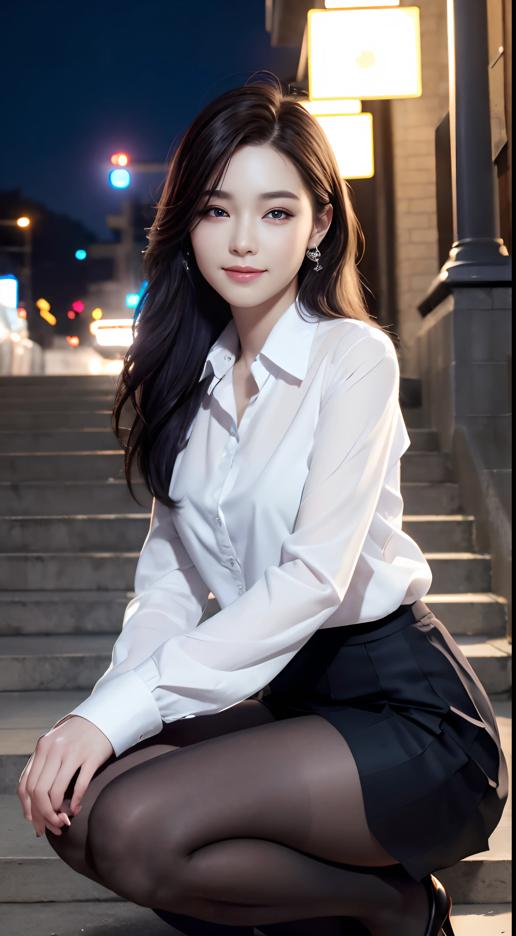 8K raw photos、hight resolution、17-year-old daughter、Layered hair、Formal shirts、Formal skirt、Smiling smile、long eyeslashes、Beautiful double eyelids、eyeshadows、Beautiful and thin legs、pantyhose、bobhair、In front of the station at night、Stairs at night、crouching down、Sit up、Luxury high heels、(intricate detailes:1.4),(Photorealsitic:1.4),octane renderings, Complex 3D rendering ultra detail, Studio Soft Light, Rim Lights, vivd details, Super Detail, realistic skin textures, Detail Face, Beautiful detail eyes, Very detailed CG Unity 8K wallpaper, makeup, (Detailed background:1.2),