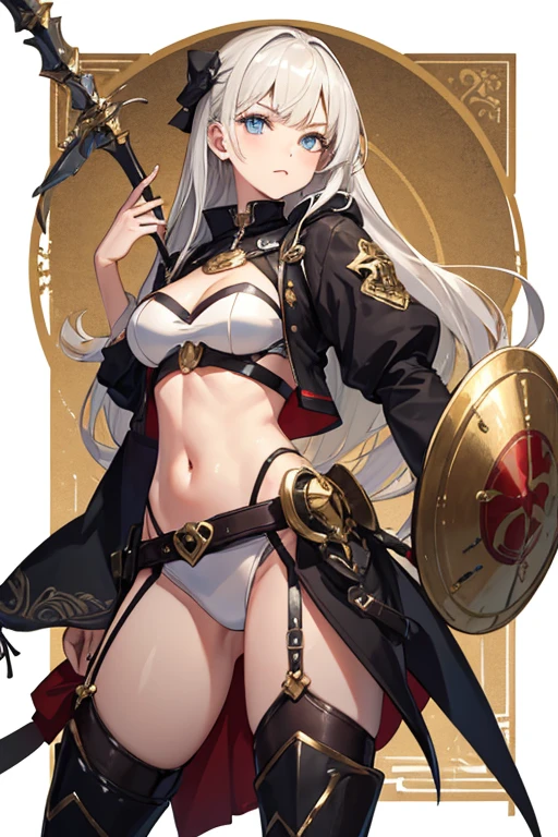 Female knight with a long sword and a large shield、17 years old、beautiful girl、Navel exposed、whole body