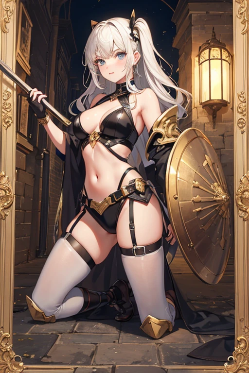 Female knight with a long sword and a large shield、、beautiful girl、Navel exposed、whole body