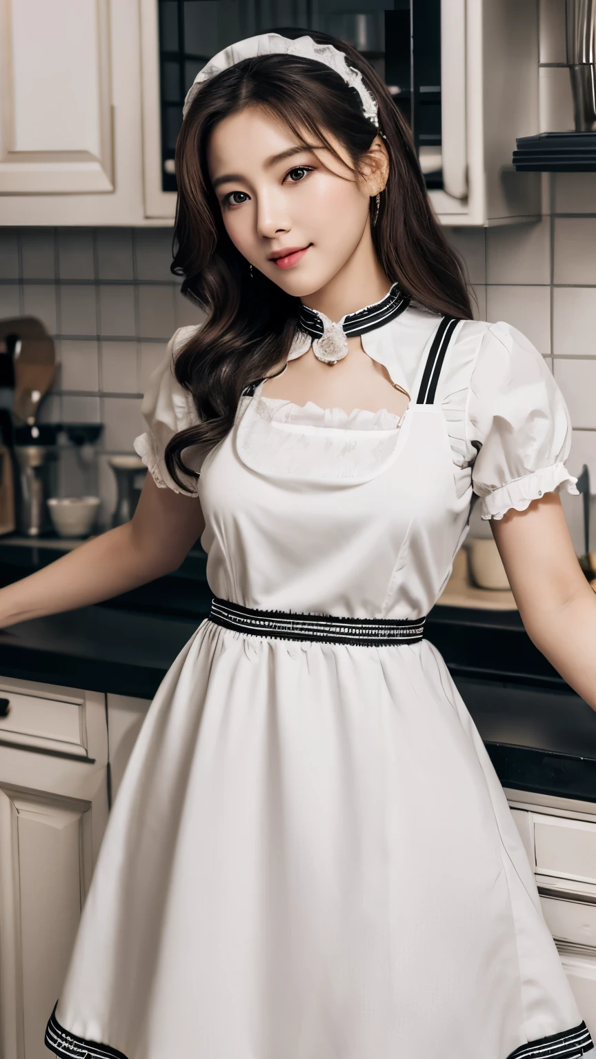 (hyperrealistic), (high resolution), (8K), (extremely detailed), (beautiful detailed eyes), (best quality), (super detailed), (masterpiece), (wallpaper), (detailed face), solo, (dynamic pose), 1 girl, white wavy hair in the kitchen, korean, maid girl, black and white maid dress, realistic