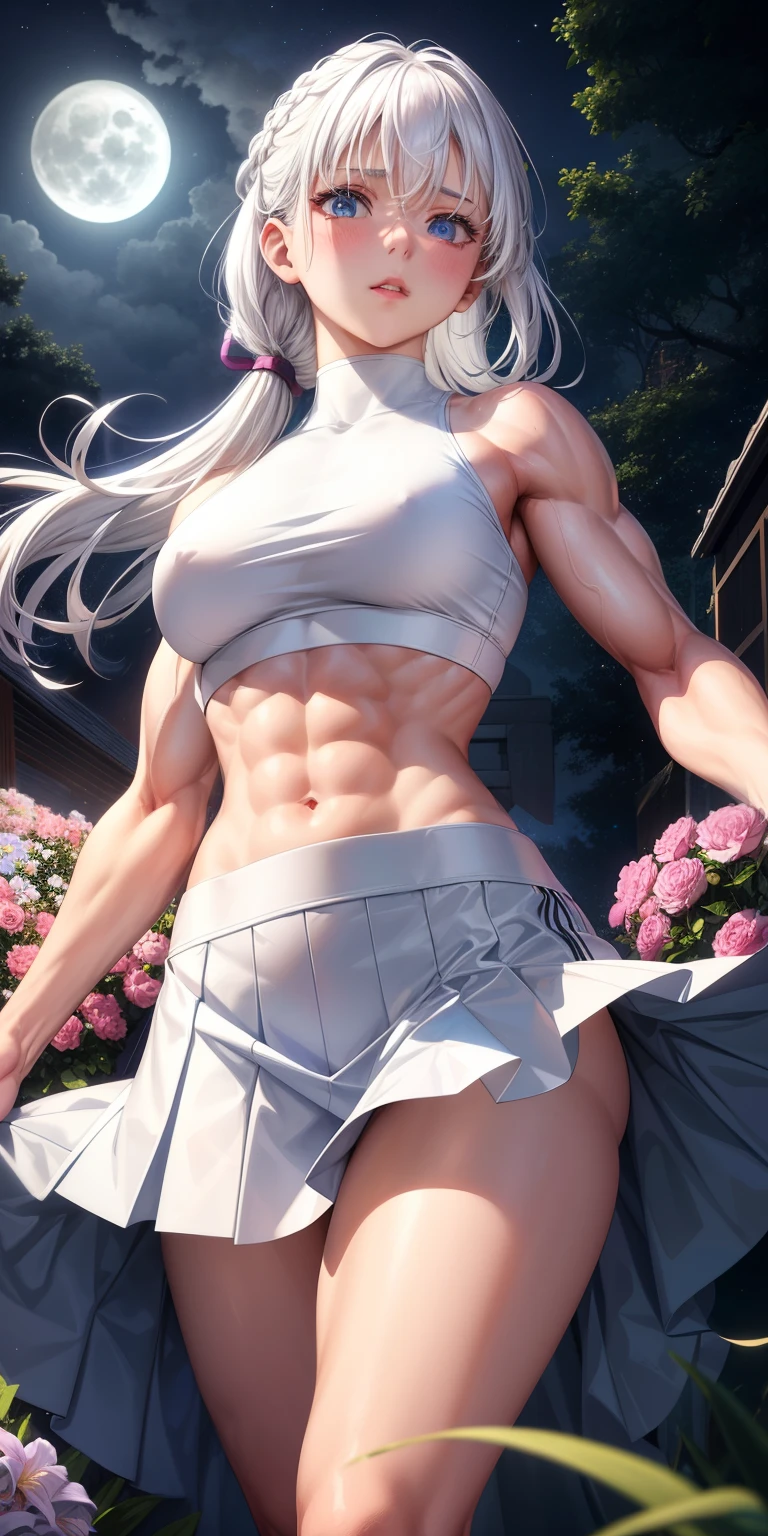 actual, 1 girl, white hair, blue eyes, glowing eyes, crop top, skirt, open lips, blush, Gym, flowers, night, moonlight, abdominal muscles, muscle , biceps