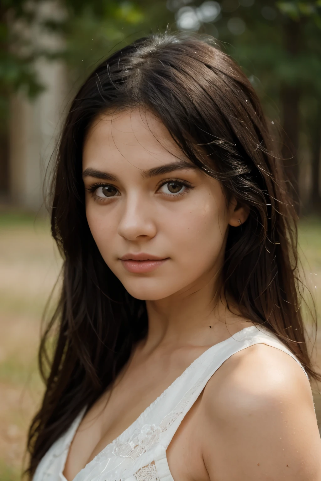 Create a realistic portrait of a 22-year-old American girl with black eyes and black hair, looking directly into the camera. Her expression is serene and confident. Focus on capturing the details of her features, such as the shine in her eyes and the texture of her hair. The portrait should convey her youth and beauty in a natural, lifelike manner. Use a soft, neutral background to ensure she remains the focal point of the image. The face is need fully new 