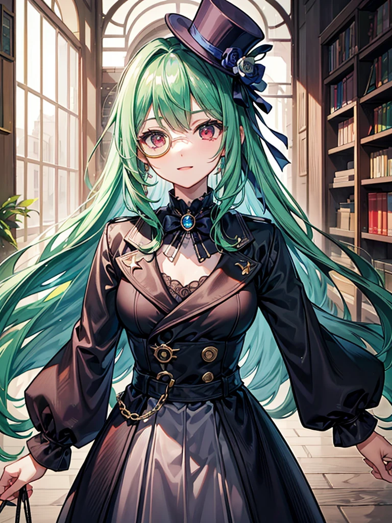 (((masterpiece、Highest image quality、highest quality、highly detailed unity 8kwallpaper)))、((Illustration of one girl、upper body))、(((beautiful girl)))、(librarian)、(Emerald green hair、sidelocks:1.2、red eyes、crazy smile:1.3)、(((flat chest)))、(monocle)、pocket watch、(((Black top hat、Black tuxedo)))、great medieval library