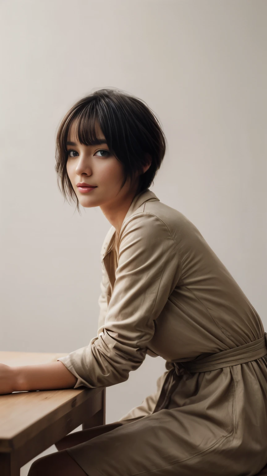 (realistic: 1.3), finely detailed, fine, Rembrandt lighting, (masterpiece: 1.2), (photorealistic: 1.2), (best quality), (detailed skin: 1.3), (intricate details), dramatic, ray tracing, sweet girl, European appearance, blue eyes, cute oval face, short very black hair, cascade bob hairstyle, slightly smiling, full lips, huge breasts, wide hips, pale skin, moles, pores on the skin, jacket on a naked body, sitting behind white table on a white background, 8k uhd, dslr, soft-lighting, hiquality, film grains, Fujifilm, 50 mm, random face, huge tits, big