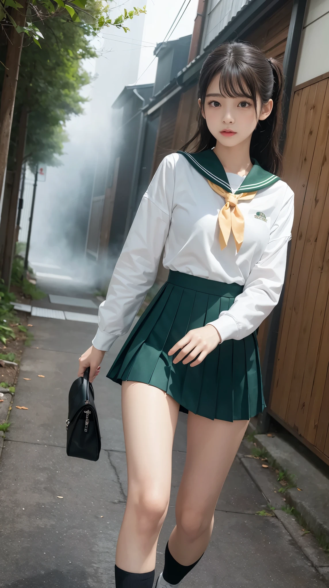masterpiece, highest quality, realistic, RAW photo, Digital single-lens reflex camera, ((1 person)), Beautiful Japan girl at 18 years old, shiny fair skin, Realistic beautiful make-up face, realistic and beautiful eyes, double eyelid, (((anxiety, frightened eyes:1.3, fear, nervous:1, tears, cry, afraid))), The most detailed shiny black hair and bangs, ((ponytail hair)), slim body shape, slim face, slim waist, medium breasts, (((Japanese student light green sailor suit:1.5, winter clothes, pleated mini skirt, black sox:1.2, brown loafer shoes:1.2, Japanese school boston bag, white panty:1.2))), (((Walking:1.3))), Leaving school, (((A path in a lonely residential area, dark path))), ((foggy)), realistic shadow, Depth of bounds written, The best delicate and beautiful photos, ultra high resolution, 8K UHD Wallpapers, (((from below:1.1))), nsfw, upper half body