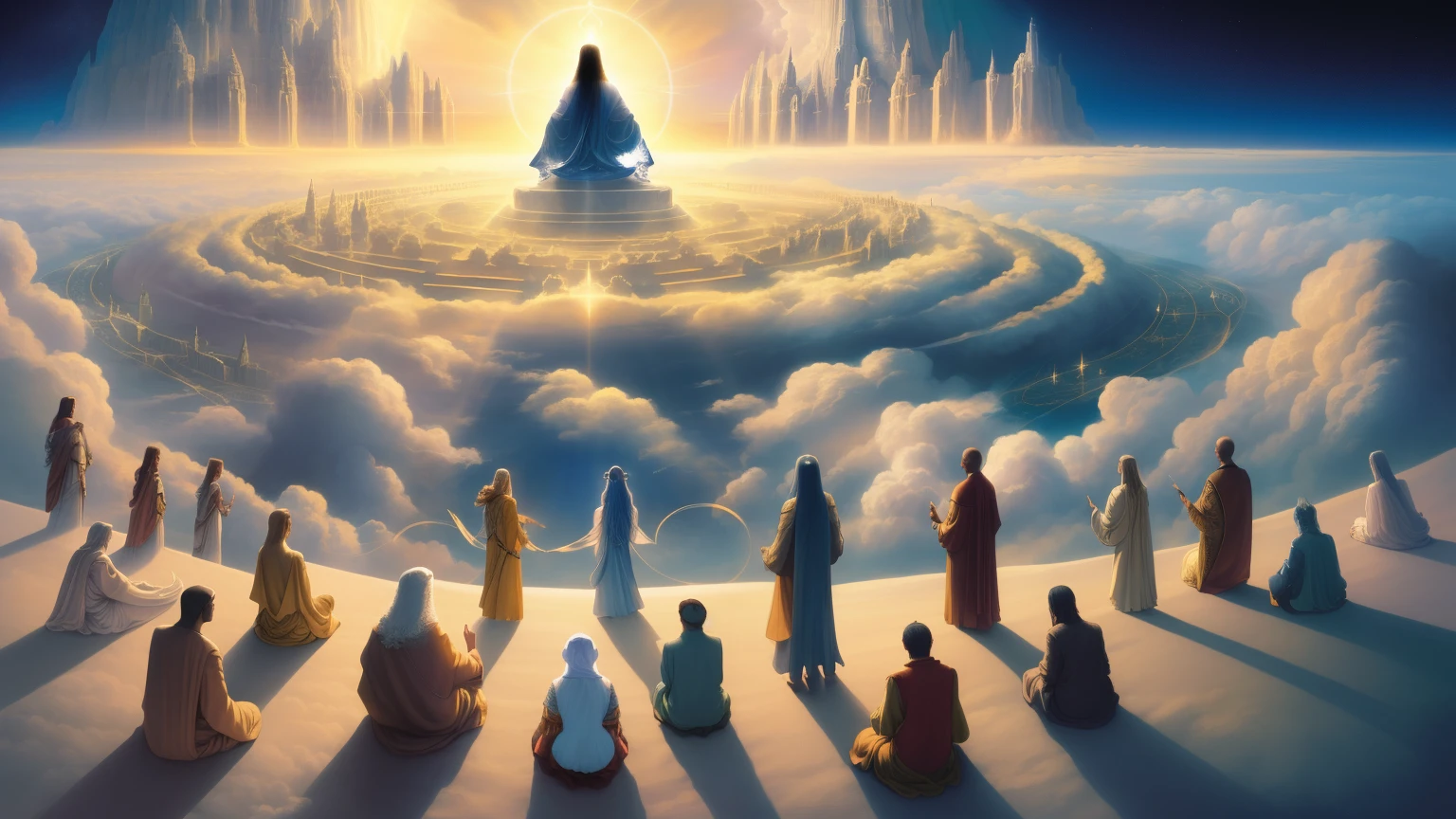 arafed image of a group of people sitting on a hill in the clouds, esoteric equation heaven, divine realm of gods, beautiful depiction, concept art of god, beautiful image ever created, heaven!!!!!!!!, heaven on earth, by Alexander Kucharsky, many beings walking about, collective consciousness, rob mcnaughton, vanishment of the gods, spiritual evolution