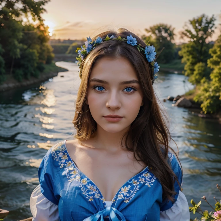 20 years old woman wearing ukrainian costume with flower crown and garland on head with blue eyes river and blue sky background afternoon light sunset realistic illustration