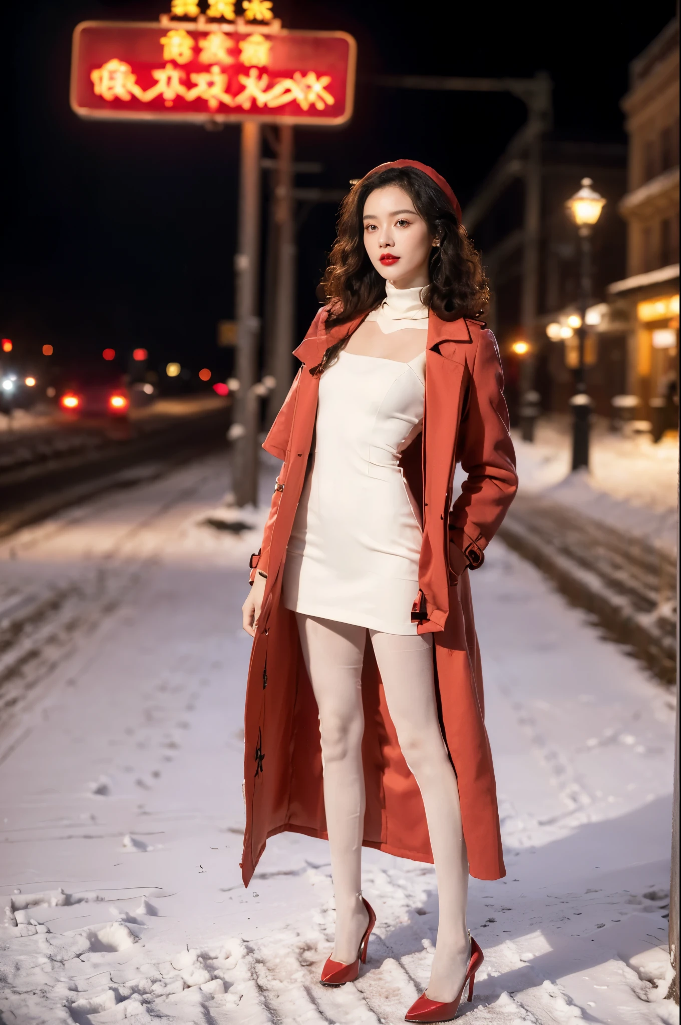 ((((8k))),((Extremely meticulous CG)) ,(wallpaper),16k,((Extremely refined and beautiful))，(((Masterpiece))),(((best qualtiy))),(((Ultra High Resolution))),beautiful light up,Perfect lightning,realistic shaded,Rembrandt lighting,(dim light:1.5),cinematic atomosphere,[A high resolution],(Smooth and flawless fair skin:1.5),(pale skin:1.3),Extremely exquisite facial details,(perfect body:1.1),ultra-detailed,A beautiful girl,solo,small head,(shoulder length bob hair:1.1),(Fluffy and curly hair:1.2),(red hat:1.1),small face,Exquisite makeup,glasses,(red lips:1.2),(small breasts:1.1),flat chests,slim,thin,(happy,smile),(red trench coat:1.3),(underneath the coat was red sweater dress:1.2),(slender legs:1.3),(black pantyhose:1.3),(high heels:1.2),(night scene:1.5),(detailed background:1.5),(standing:1.3),(On the street:1.3),In Shanghai,Ancient streets,neon lamp,(upper body:1.3),(from front:1.3),winter,(snow scape:1.2)