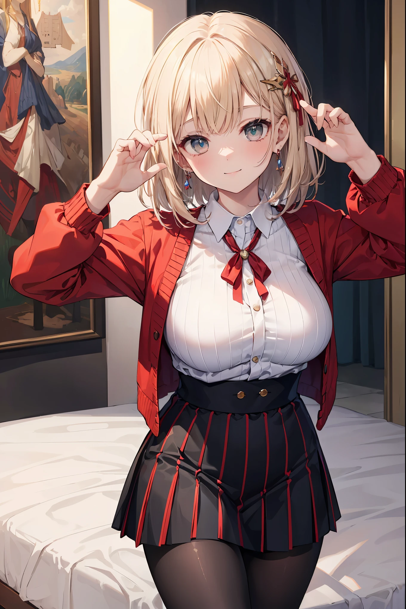 Masterpiece, top quality, high resolution, hair ornament, medium hair, red ribbon and lace, large breasts, jewelry, red cardigan, brooch, pendant, white shirt, vertically striped skirt, white and black striped pantyhose, cowboy shot , standing with thighs spread to the left and right, smile, enchanting genius, ultra-detailed skin, (best lighting by famous artists: 1.2), 8K, (acting instruction of charming poses by famous masters: 1.4),