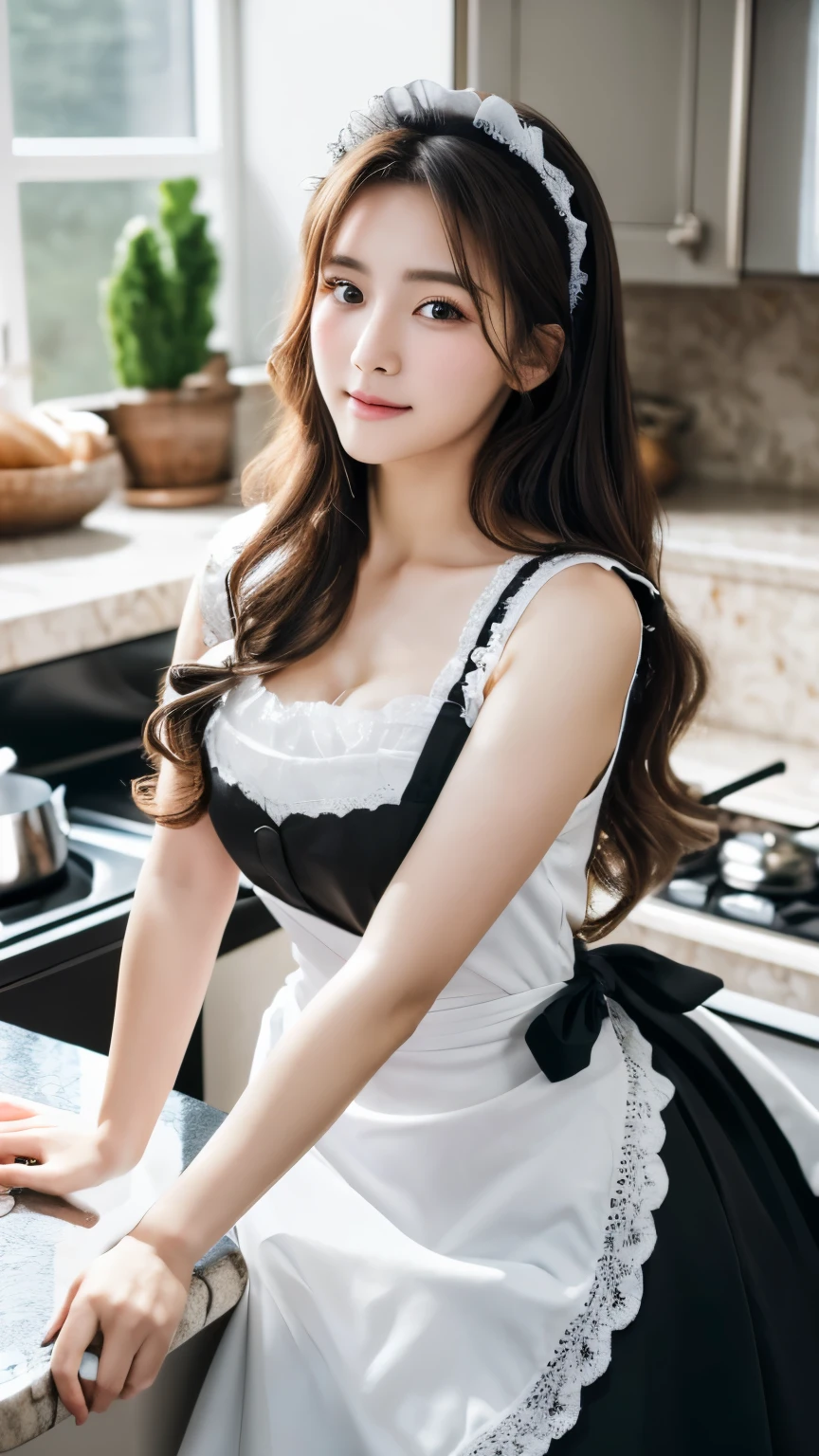 (hyperrealistic), (high resolution), (8K), (extremely detailed), (beautiful detailed eyes), (best quality), (super detailed), (masterpiece), (wallpaper), (detailed face), solo, (dynamic pose), 1 girl, white wavy hair in the kitchen, korean, maid girl, black and white maid dress, realistic,full body