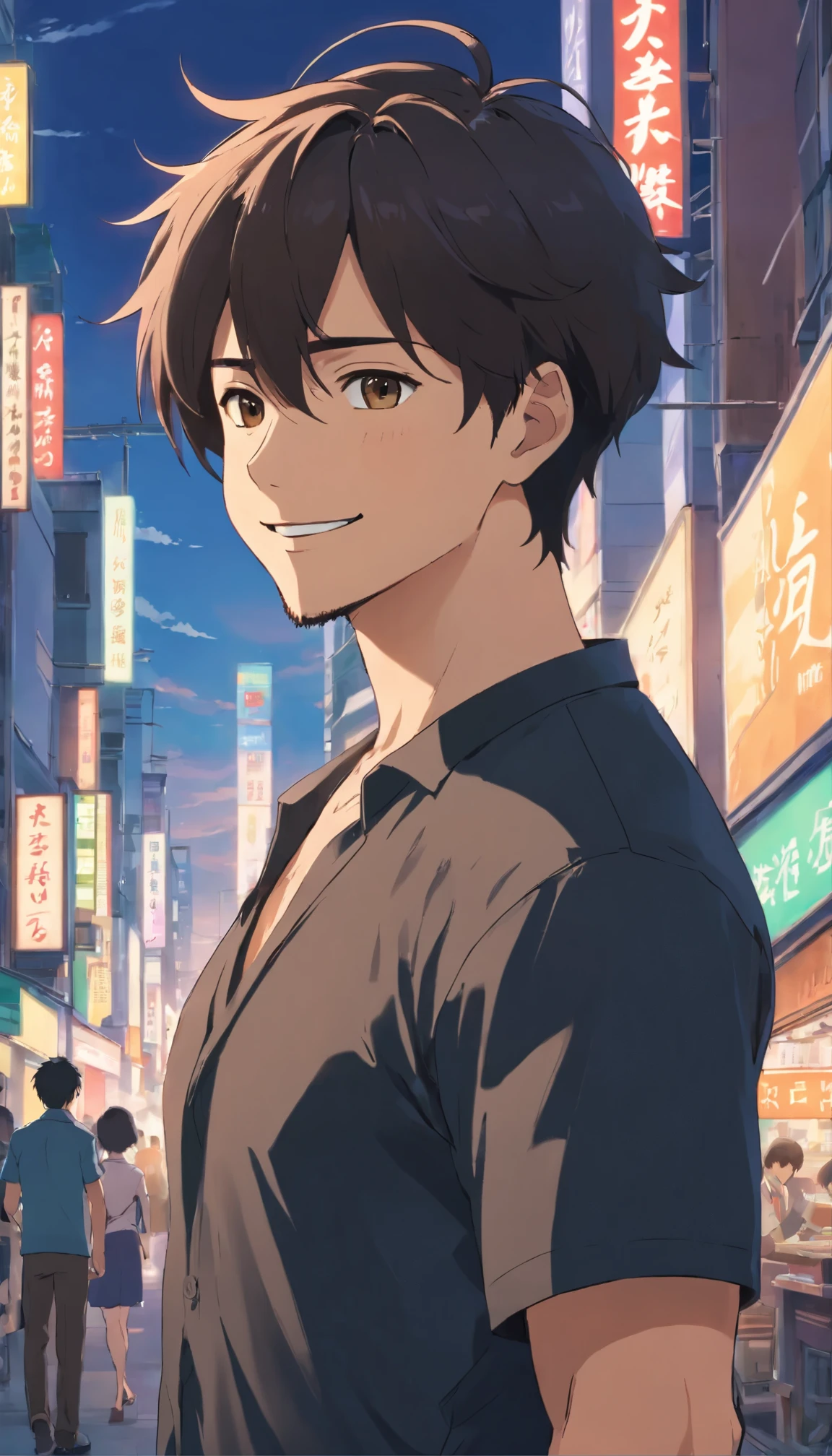 (Front view:1.4),Groomed beard,40-year-old dandy man,Composition of the upper body,Makoto Shinkai's painting style,japanes,(a smile:1.3),Ridicule,A tall man,a beard, Delicate facial features like an actor,Short-haired true black hair, (Black Y-shirt:1.4), Intense muscles, eyes are brown, The city of Shinjuku