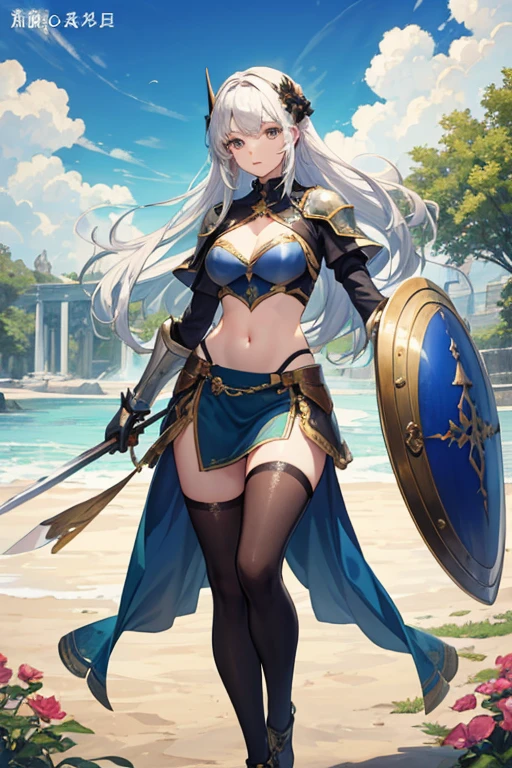 Female knight with a long sword and a large shield、、beautiful girl、Navel exposed、whole body