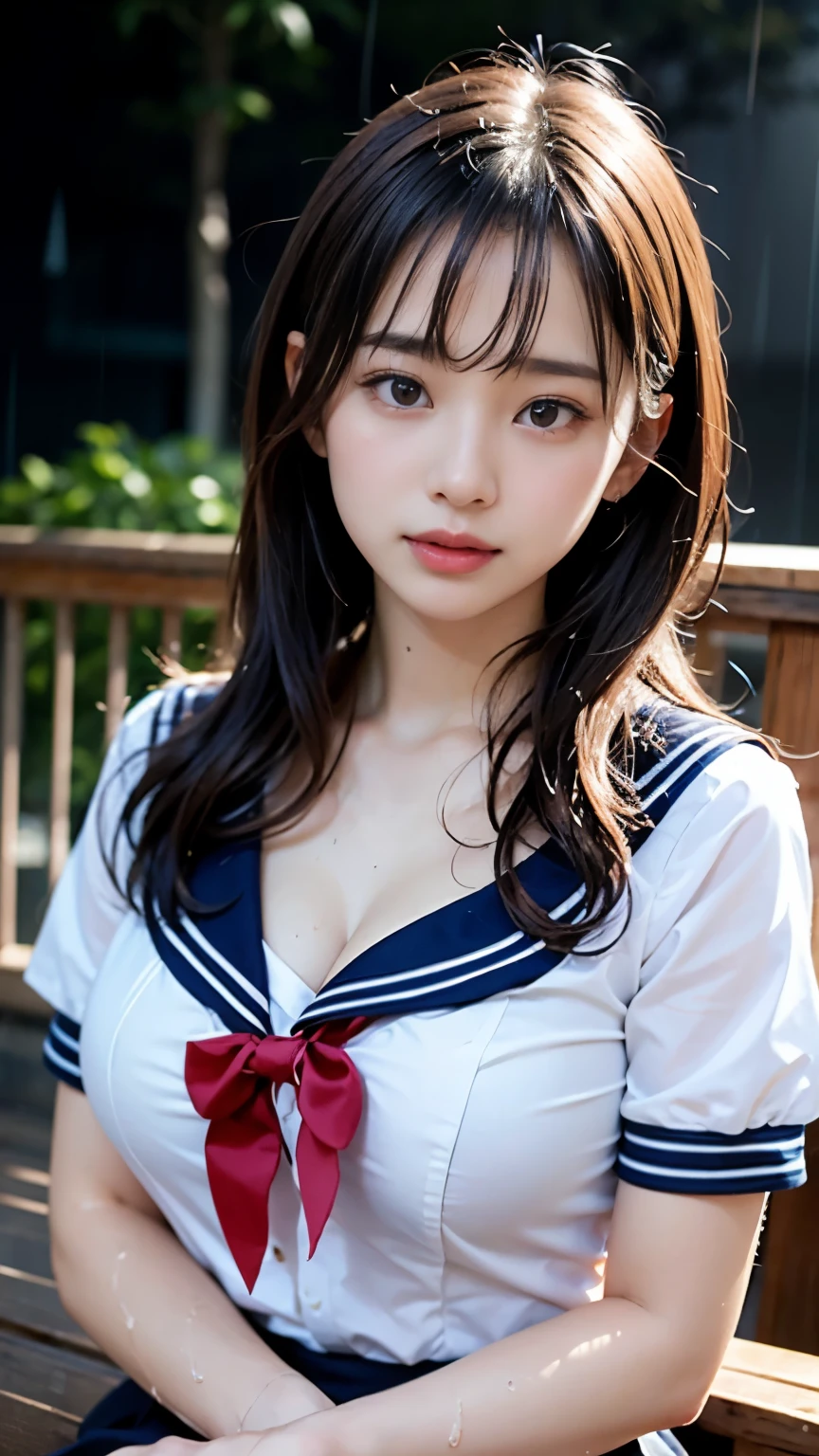 (masterpiece, highest quality:1.2), 8K, official art, RAW photo, incredibly absurd, (whole body, sailor suit:1.4), beautiful girl, 18-year-old、cute face, arch back, navy pleated skirt, close, , short sleeve, gardenia, violaces, sit on a chair、looking at the viewer, film grain, chromatic aberration, sharp focus, face light, dynamic lighting, cinematic lighting, detailed eyes and face, background bokeh, (1 dark red bow tie:1.2)、(heavy rain、dark sky:1.5)、one girl、blush、look at the viewer、(huge breasts:1.2)、wet hair、shiny hair、wet face、wet skin、wet body、wet costume、flower、hairpin、necklace、earrings、Depth of bounds written、尖ったred mouth、red mouth,clavicle、beautiful fingers、Loosen your tie、cute wet face、Wet clothes that stick to your chest、Wet and see-through clothes、short hairstyle