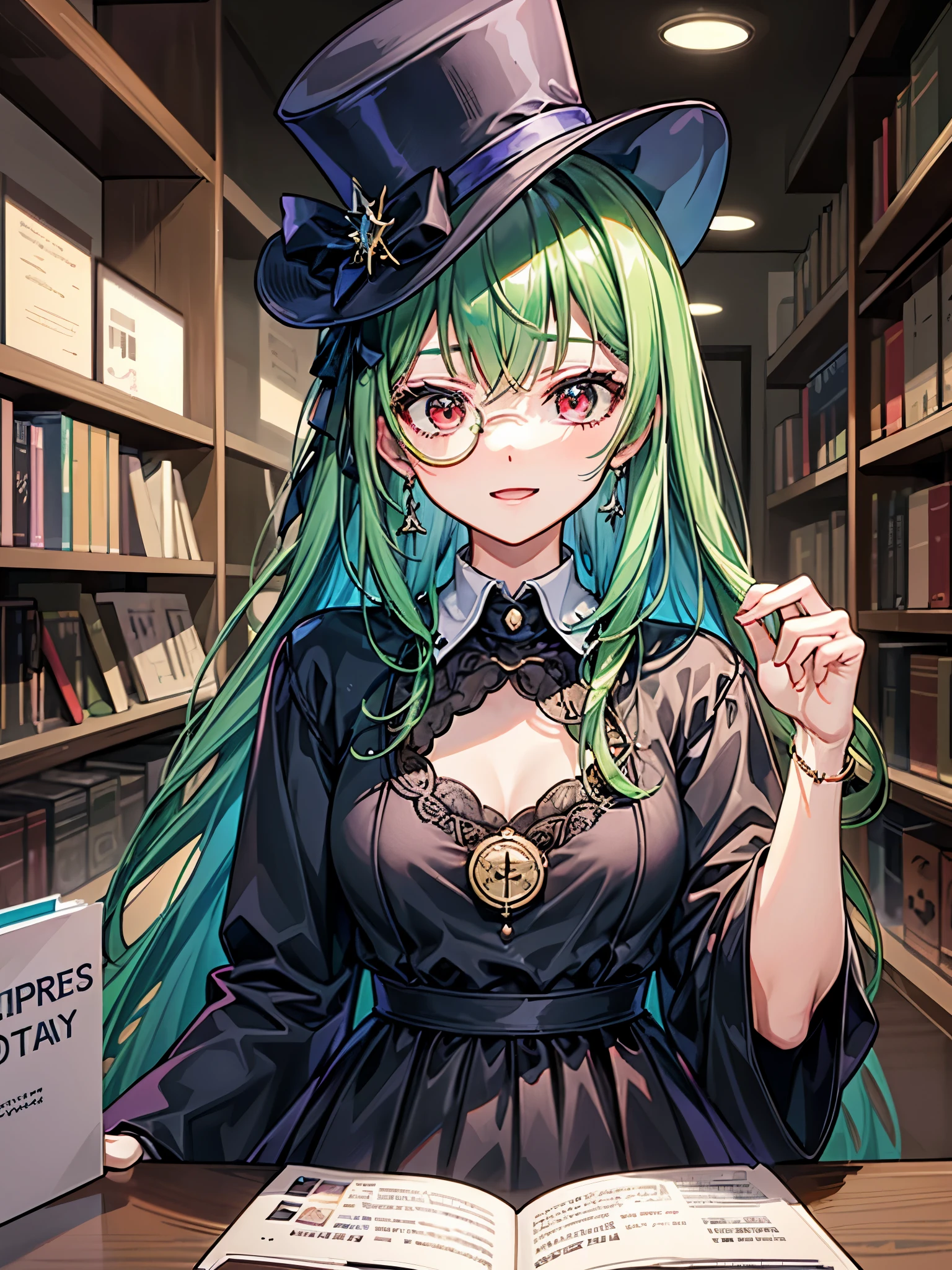 (((masterpiece、Highest image quality、highest quality、highly detailed unity 8kwallpaper)))、((Illustration of one girl、upper body))、(((beautiful girl)))、(librarian)、(Emerald green hair、sidelocks:1.2、red eyes、crazy smile:1.3)、(((flat chest)))、(monocle)、pocket watch、(((Black top hat、Black tuxedo)))、great medieval library