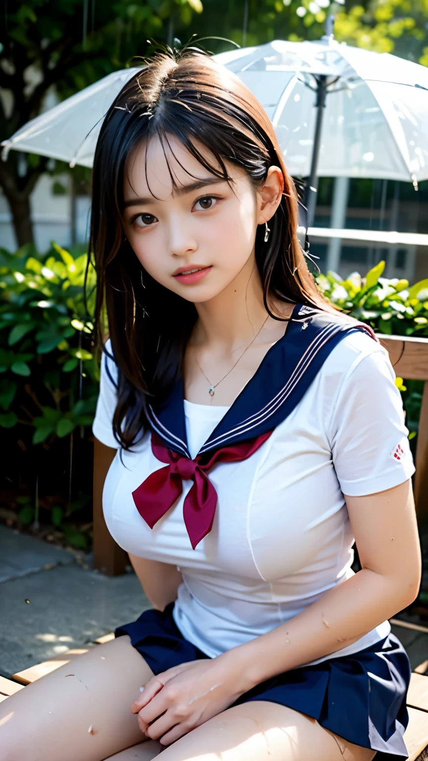 (masterpiece, highest quality:1.2), 8K, official art, RAW photo, incredibly absurd, 🌿🌺🌻🌸🌲🌳🍃👙🙃😍☺️、(whole body, sailor suit:1.4), beautiful girl, 18-year-old、cute face, arch back, navy pleated skirt, close, , short sleeve, gardenia, violaces, pool、sit on a chair、looking at the viewer, film grain, chromatic aberration, sharp focus, face light, dynamic lighting, cinematic lighting, detailed eyes and face, background bokeh, (1 dark red bow tie:1.2)、(heavy rain、dark sky:1.5)、one girl、blush、look at the viewer、(huge breasts:1.2)、wet hair、shiny hair、wet face、wet skin、wet body、wet costume、flower、hairpin、necklace、earrings、Depth of bounds written、尖ったred mouth、red mouth,clavicle、beautiful fingers、Loosen your tie、cute wet face、Wet clothes that stick to your chest、Wet and see-through clothes、short hairstyle