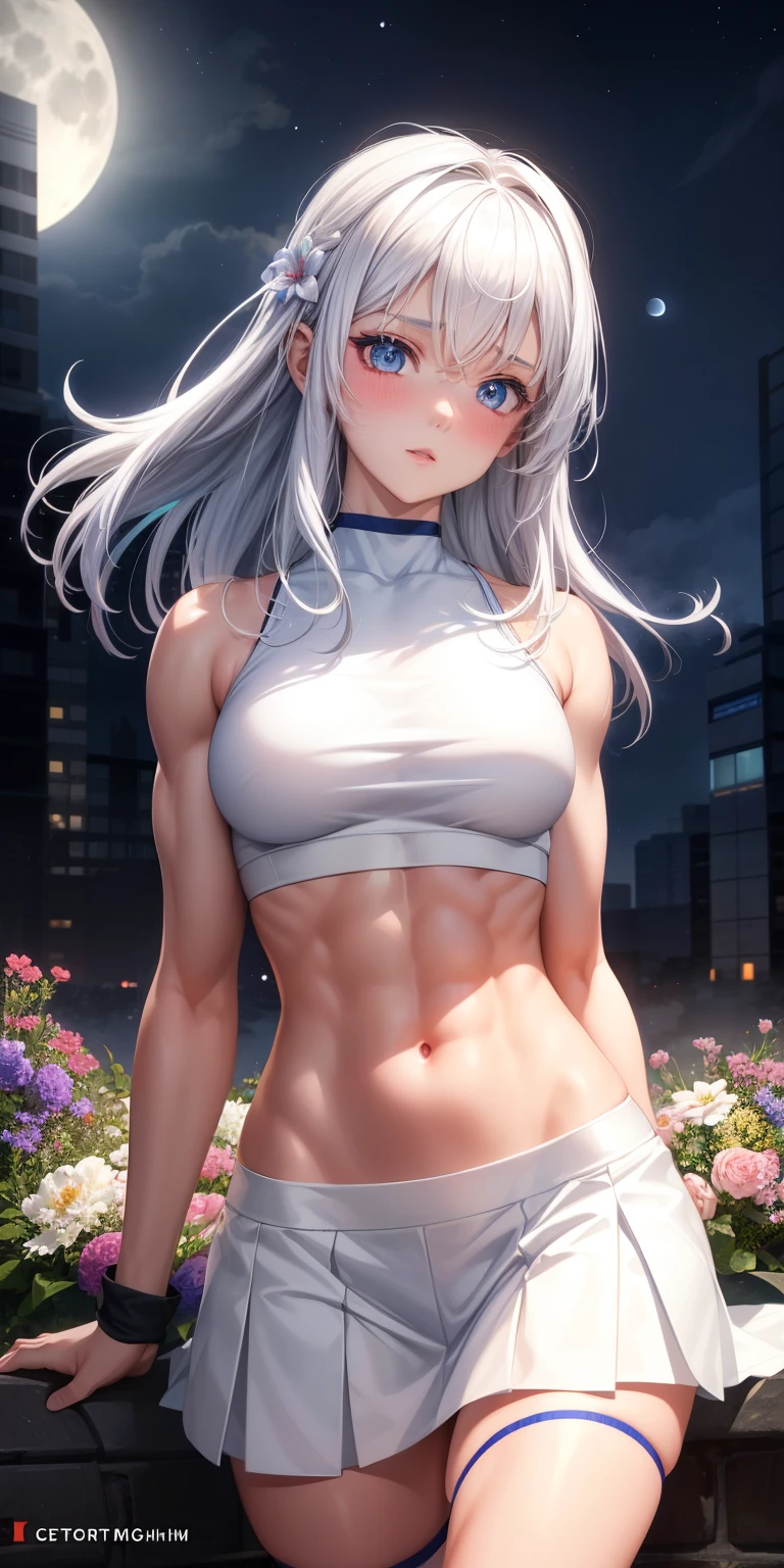 actual, 1 girl, white hair, blue eyes, glowing eyes, crop top, skirt, open lips, blush, Gym, flowers, night, moonlight, abdominal muscles, muscle , biceps