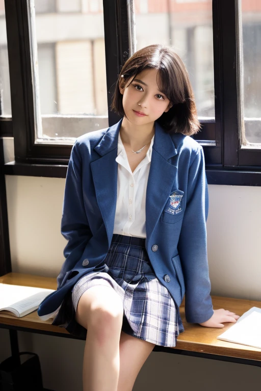 ((highest quality)), ((masterpiece)), (be familiar with), realism、perfect face,Japanese、short hair、high school girl、white shirt、checked skirt、Dark blue blazer、unbutton the blazer、classroom、By the window、２Book Hands、feet