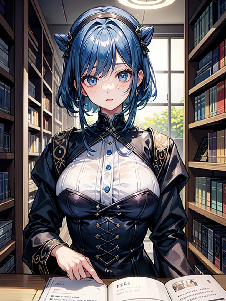 （（（masterpiece、Highest image quality、highest quality、highly detailed unity 8ｋwallpaper）））、（（Illustration of one girl、upper body））、（（（beautiful girl）））、（librarian）、blue hair、（stocky build, thickset physique：1.3, broad shoulders, solid chest）、（（（flat chest）））、librarian服