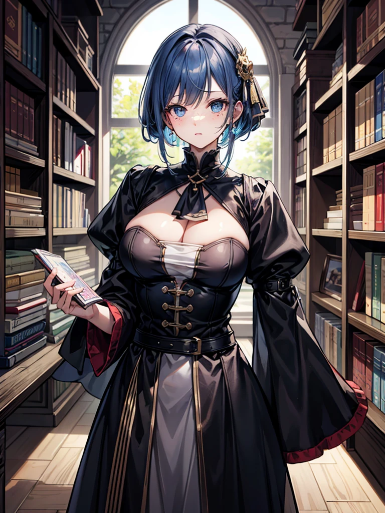 （（（masterpiece、Highest image quality、highest quality、highly detailed unity 8ｋwallpaper）））、（（Illustration of one girl、upper body））、（（（beautiful girl）））、（librarian）、（（blue hair、freckles））、（stocky build, thickset physique：1.3, broad shoulders, solid chest）、big breasts、librarian服、great medieval library