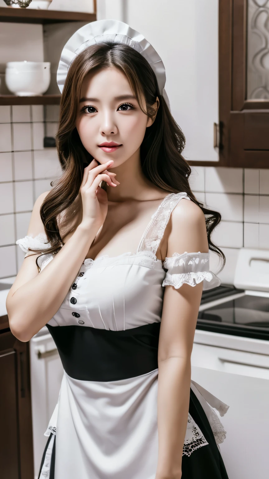 (hyperrealistic), (high resolution), (8K), (extremely detailed), (beautiful detailed eyes), (best quality), (super detailed), (masterpiece), (wallpaper), (detailed face), solo, (dynamic pose), 1 girl, white wavy hair in the kitchen, korean, maid girl, black and white maid dress, realistic,full body