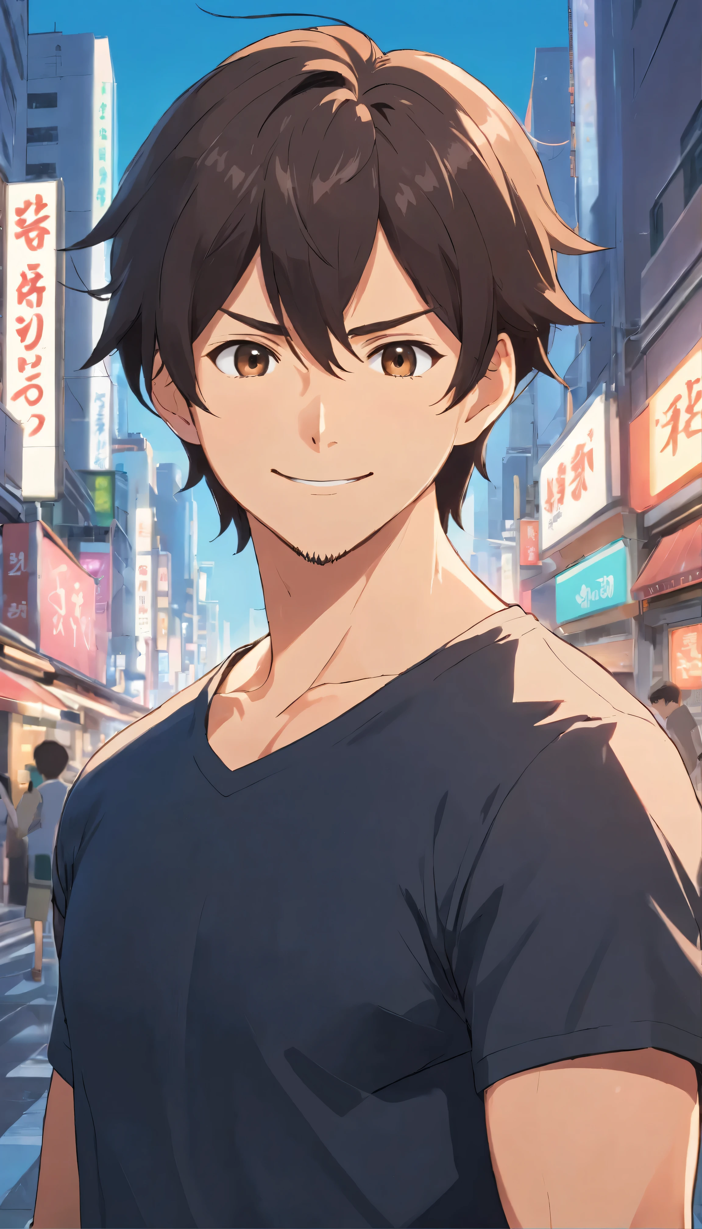 (Front view:1.4),Groomed beard,40-year-old dandy man,Composition of the upper body,Makoto Shinkai's painting style,japanes,(a smile:1.3),Ridicule,A tall man,a beard, Delicate facial features like an actor,Short-haired true black hair, (Black Y-shirt:1.4), Intense muscles, eyes are brown, The city of Shinjuku