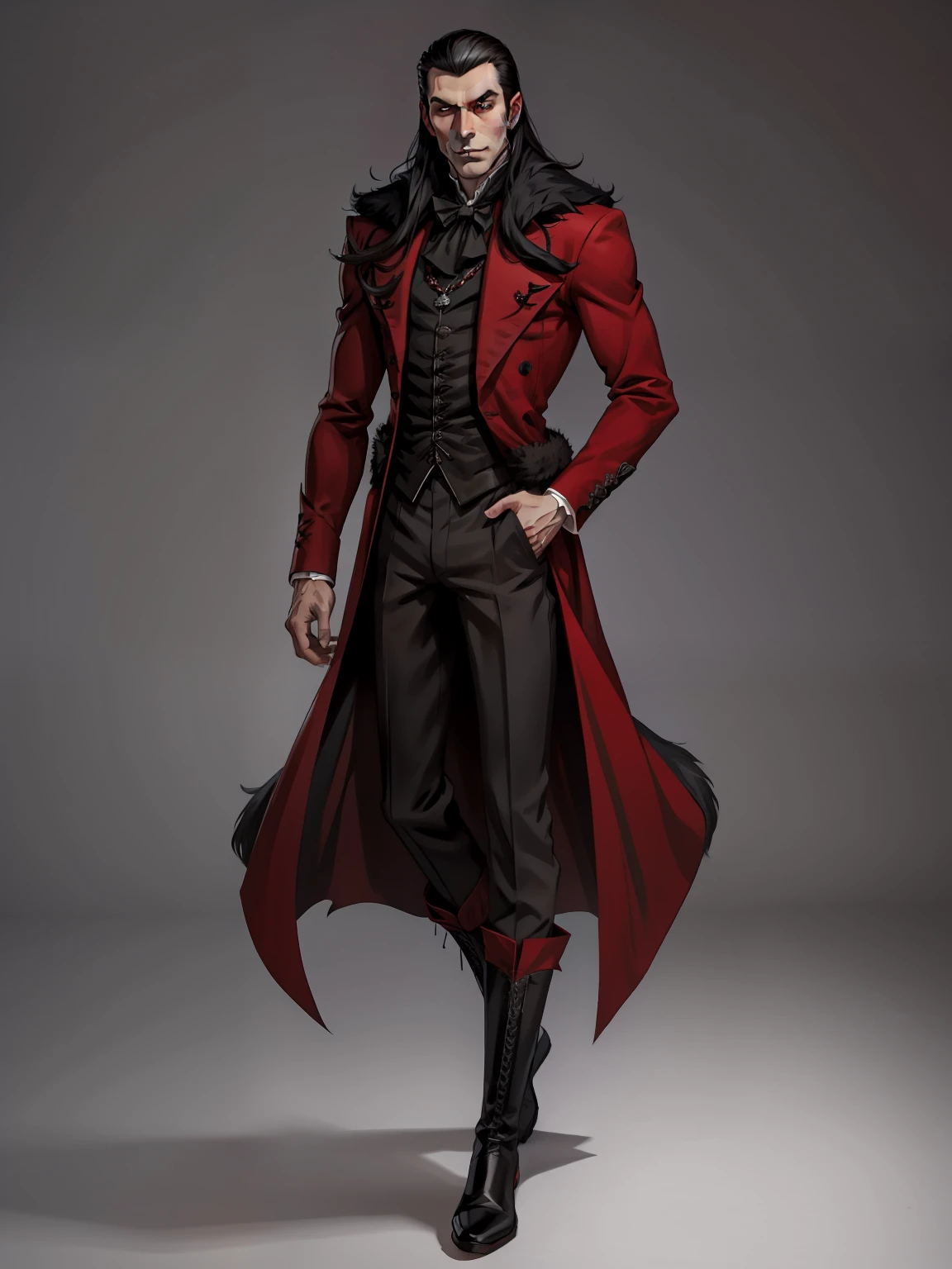 Strahd von Zarovich, vampire, long hair, male focus, full body portrait, widow's peak, forehead, fur coat, red high-collared shirt, high collar, red undercoat, pants, solo, blank background, white background, gothic fantasy art, high laced boots