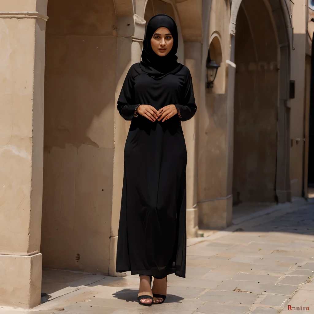 (Muslim) (girl) (hijab) (seductive) (black eyes) (brown skin) (flat)chest) (real face) (pink lips) (smile) (wearing abaya) (dress(red)) (bride) (girl standing) (full image) (real background) (complete body covered with abaya) (full image) (show to head) (wearing high heels) (figure (36 chest) (32 wrist) (34 butt)) (height (5ft 2inch)) (flat belly) (wearing (heels(black color))) (background (natural (natural light))) (image quality (8k)) (dress (bridal)) (facial expression (shyness)) (Street of Palestine)
