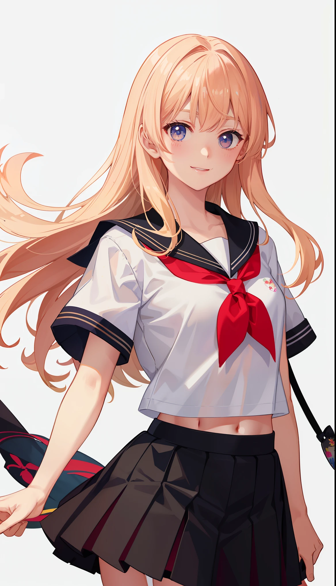 1girl in、A smile、The shirt、skirt by the、()Chilarism、Japan High School Student Uniform、serafuku、summer clothing、(Sheer Bra)、Upper body portrait、blonde hair、Dynamism!!Running with the wind、