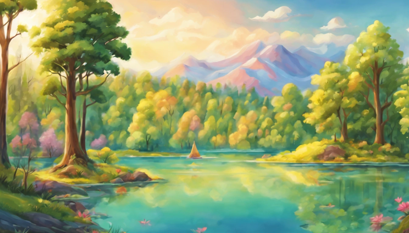 (a natural landscape,a beautiful lake surrounded by trees,illustration,children's book,colorful illustration),best quality,ultra-detailed,realistic,soft colors,soft lighting