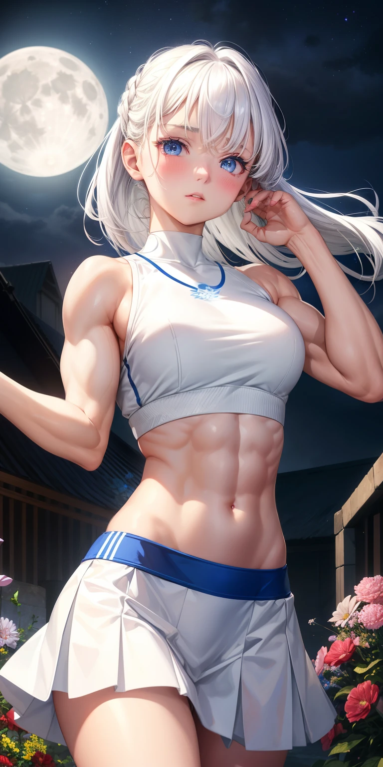 actual, 1 girl, white hair, blue eyes, glowing eyes, crop top, skirt, open lips, blush, Gym, flowers, night, moonlight, abdominal muscles, muscle , biceps