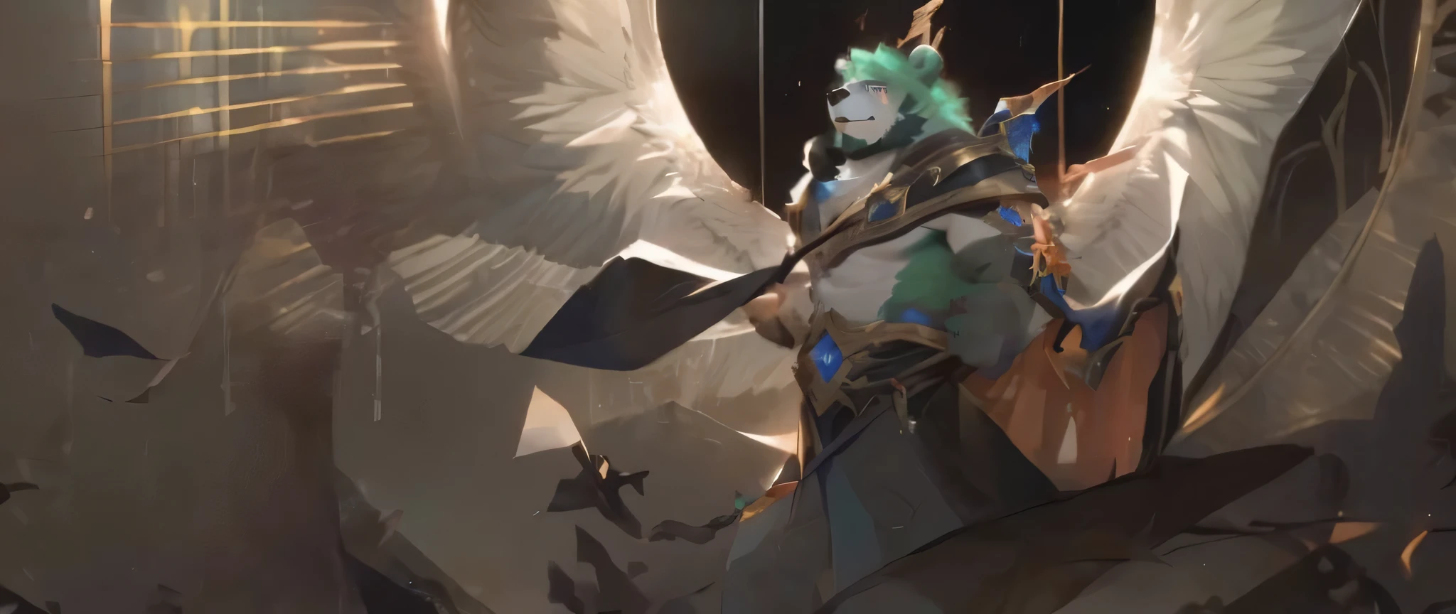 jinpei as an angel with multiple wings flying in the air, riot games concept art, furry fantasy art, wlop and sakimichan, from league of legends, wlop and rhads, art of wlop and greg rutkowski, league of legends concept art, pov furry art, wlop and ross tran, ross tran and wlop, furry, furry bear, green fur, beard