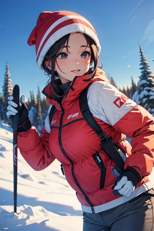 skiing、beautiful mature woman、backwards、Upper body