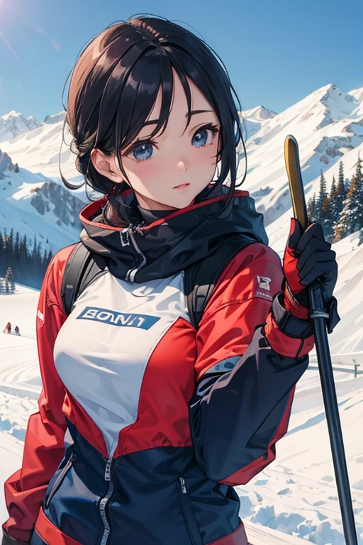 skiing、beautiful mature woman、backwards、Upper body