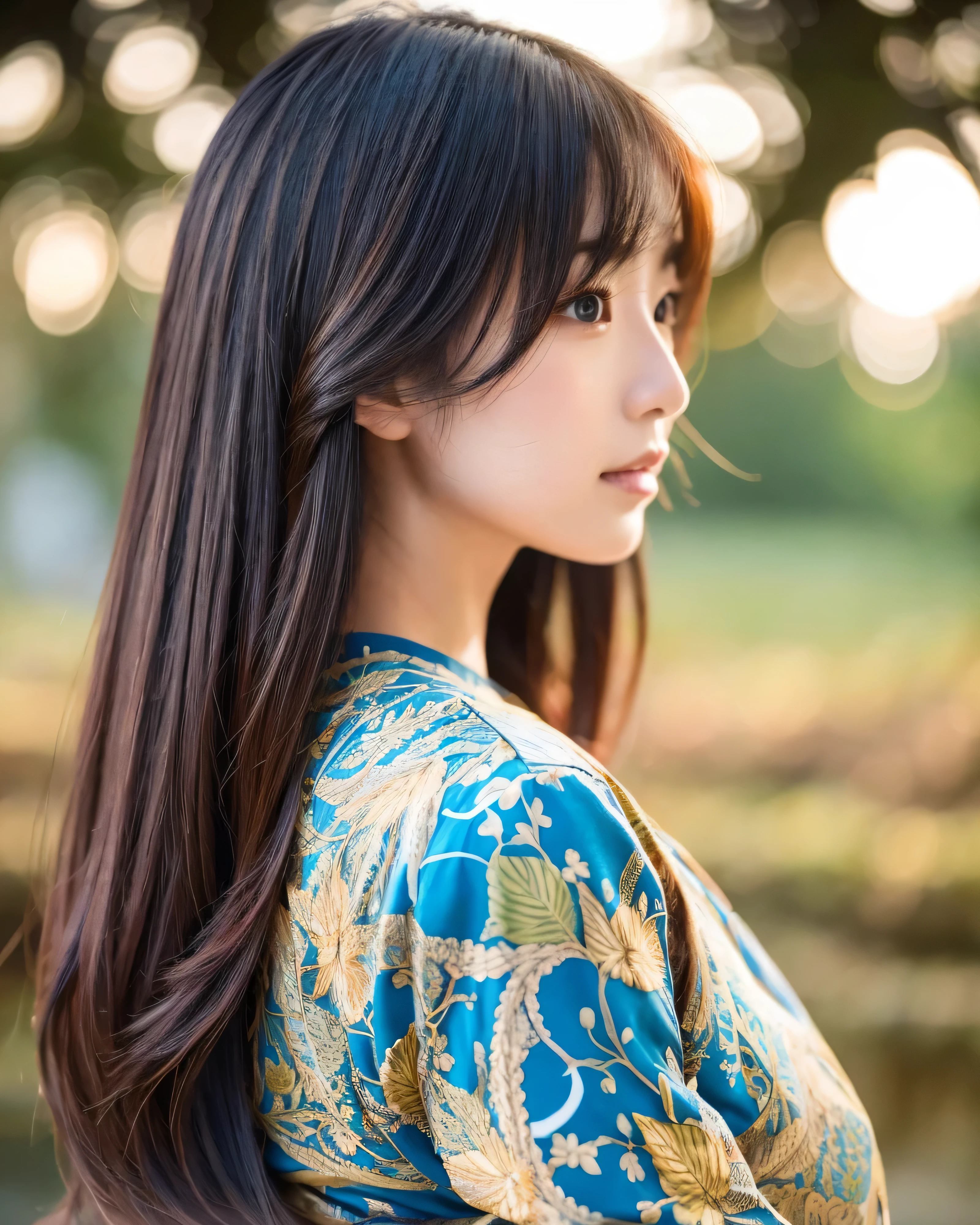 beautiful japanese woman fine hair with complex colors long hair apple profile natural makeup