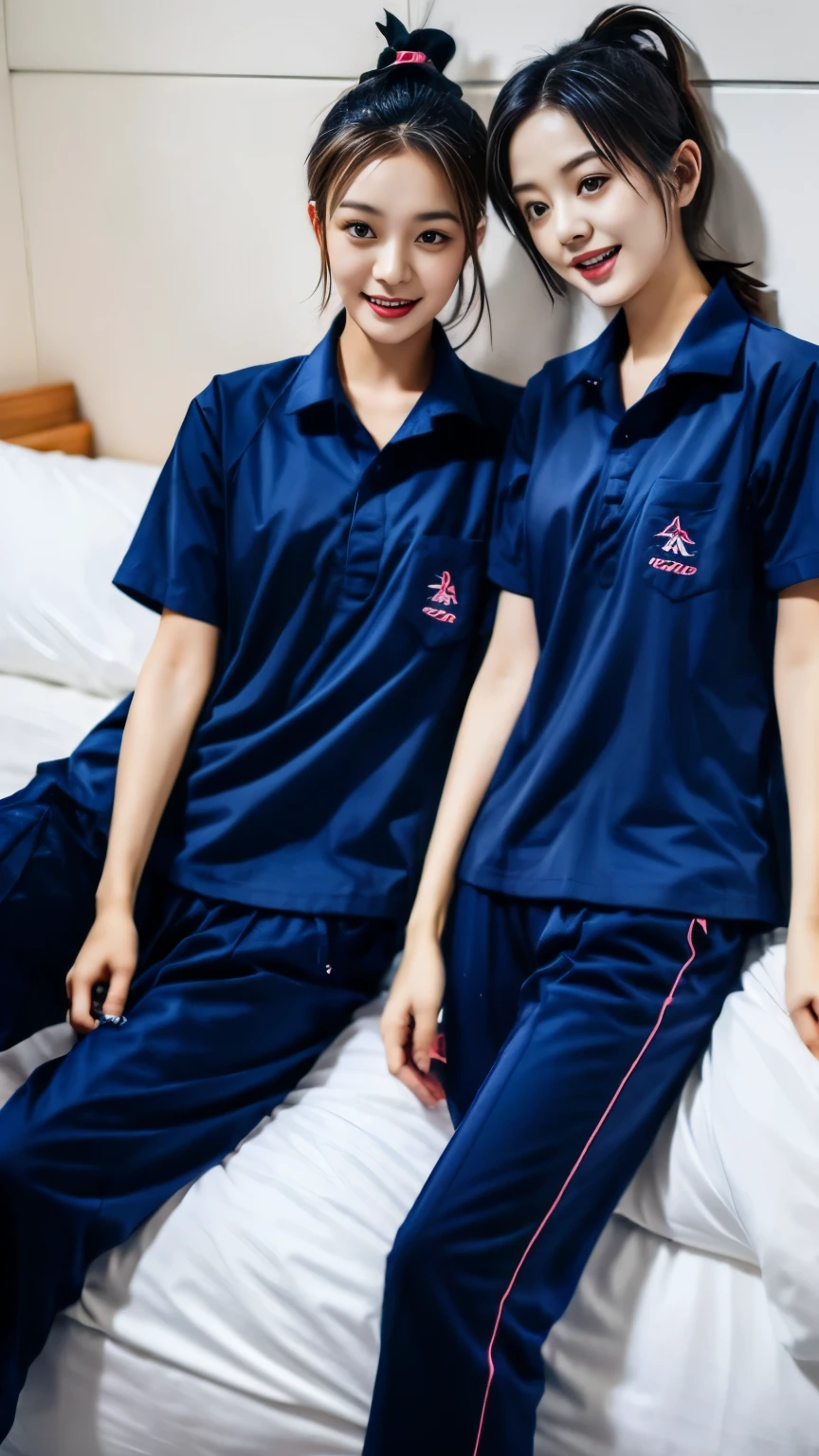 friendship,2 girls in the piano room, Navy blue short-sleeved shirt,Navy Long Trackpant,Sweatpants, Sweatpantsขายาว,25 year old girl, lesbian, sexy, lying in bed., exercise clothes