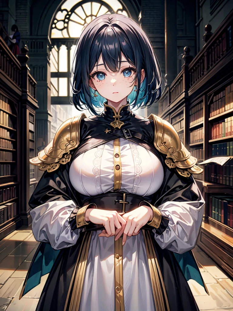 (((masterpiece、Highest image quality、highest quality、highly detailed unity 8kwallpaper)))、((Illustration of one girl、upper body))、(((beautiful girl)))、(librarian)、((blue hair、freckles))、(stocky build, thickset physique:1.3, broad shoulders, solid chest)、big breasts、librarian服、great medieval library