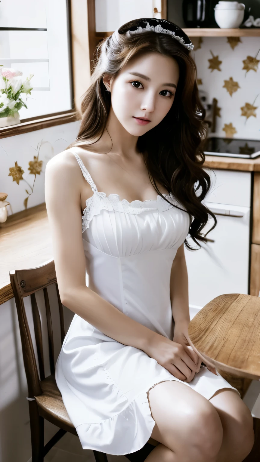 (hyperrealistic), (high resolution), (8K), (extremely detailed), (beautiful detailed eyes), (best quality), (super detailed), (masterpiece), (wallpaper), (detailed face), solo, (dynamic pose), 1 girl, white wavy hair in the kitchen, korean, maid girl, black and white maid dress, realistic,full body, long legs, sitting table