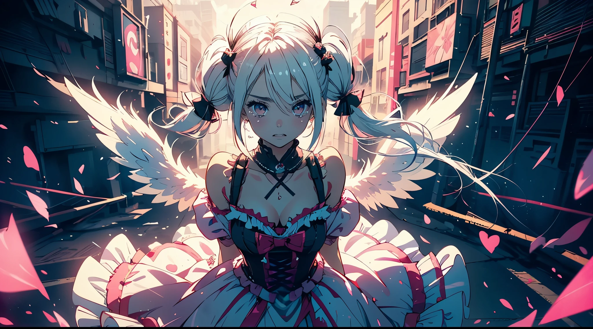 hair bobbles, wince, long eyelashes, solid circle eyes, light smile, ear blush, fang, (white hair), makeup, blush, sad, sad smile, drop shadow, anaglyph, atmospheric perspective, 8k, super detail, accurate, best quality, (cyberpunk), cinematic lighting, masterpiece,1girll, ((((short twintails)))), Colorful hair, flying, pink bows,((16-year-old female model)), (angel halo), ((( wings ))), , panorama, eye level shot, (((ta dress))), (((wide shot))), (((( color splash ))))