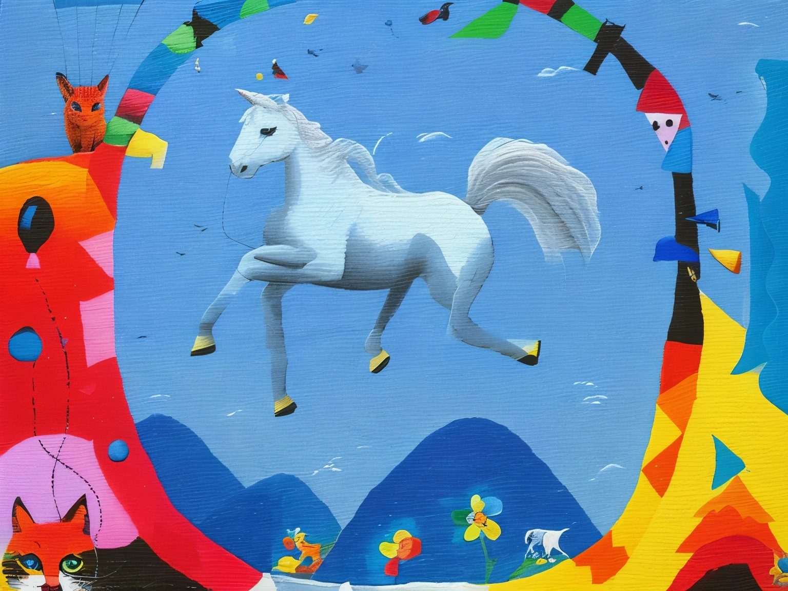 painting of a horse and a cat in a colorful landscape, with hooves and wings, fantasy acrylic on canvas, inspired by Marcel Chagall, inspired by Marc Chagall, unicorn flying in the sky, inspired by Paolo Uccello, in the white clouds fairyland, whimsical art, fairytale painting, inspired by Marcell Chagall, alebrijes aesthetic