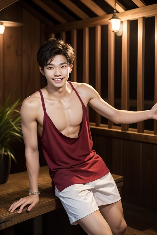 Masterpiece,best quality,Very detailed,Handsome Thai male ager, smiling with fangs, water drops on his arms and shoulders, shorts, holding a glass of red wine in a wooden hut at night.