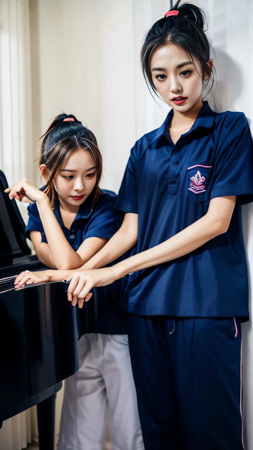 2 girls in the piano room, Navy blue short-sleeved shirt,Navy Long Trackpant,Sweatpants, Sweatpantsขายาว, lying in bed., หญิงรักhave sex, coax, Sexual arousal, Realistic poses, exercise clothes, exercise clothes, have sex