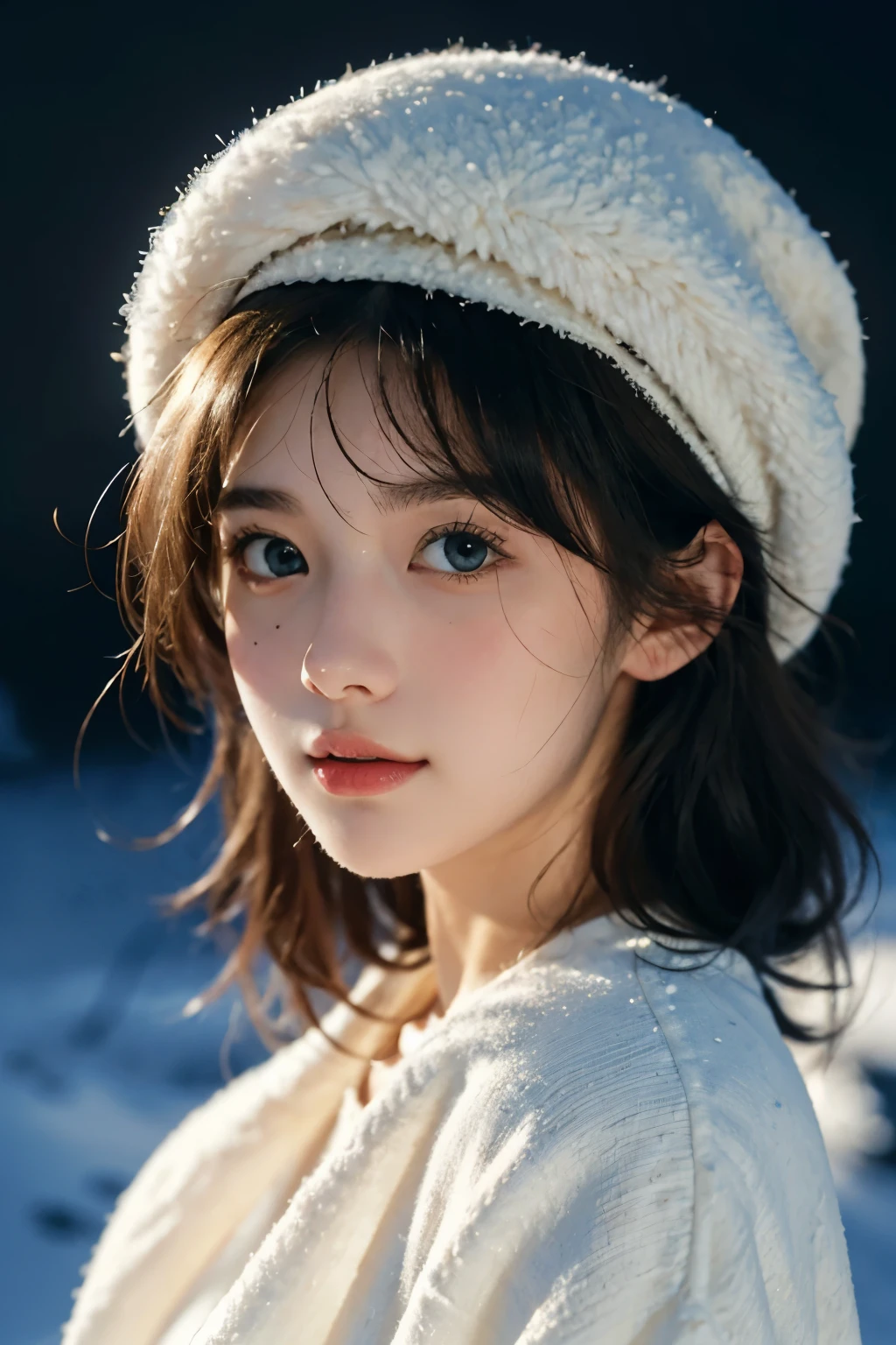 (best quality,4K,high resolution,masterpiece:1.4),Super detailed,Very detailed,sharp focus,Surreal:1.4,professional,HD images,bright colors,Bokeh,Beautiful and delicate eyes,Beautiful and delicate lips,long eyelashes,Romantic atmosphere,soft light,Contrast light and shadow,Lighting effects,high nose bridge,high nose，Yamane，young,Lively，contrast of light and shadow，aurora，Chubby cheeks,charming,graceful curves，The expression is cold，blond，full，The background is clear，night，Arctic，1 girl，view from long distance，Snow background，Wear a cotton hat，Cotton clothing，Vision，Upper body，Look from afar，Half of the face