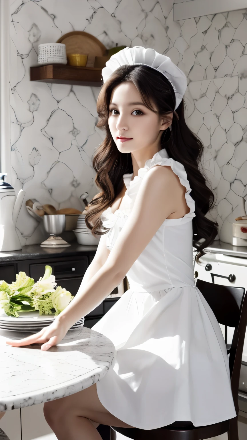 (hyperrealistic), (high resolution), (8K), (extremely detailed), (beautiful detailed eyes), (best quality), (super detailed), (masterpiece), (wallpaper), (detailed face), solo, (dynamic pose), 1 girl, white wavy hair in the kitchen, korean, maid girl, black and white maid dress, realistic,full body, long legs, sitting table