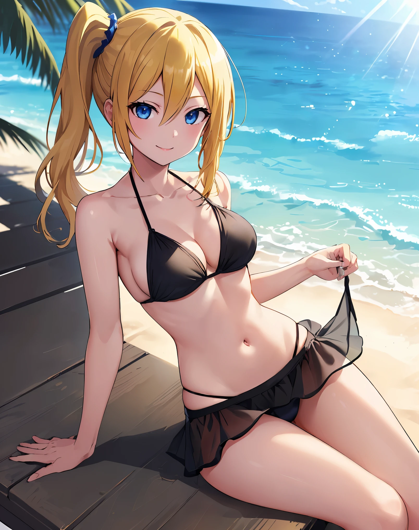 ray tracing, vibrant colors, girl, masterpiece, sharp focus, best quality, depth of field, cinematic lighting, detailed outfit, perfect eyes, rich in details and textures, smile, hair between eyes, black bikini, sunlight,beach, (hayasaka ai, blonde hair, blue eyes, hair between eyes,side ponytail, medium breasts)