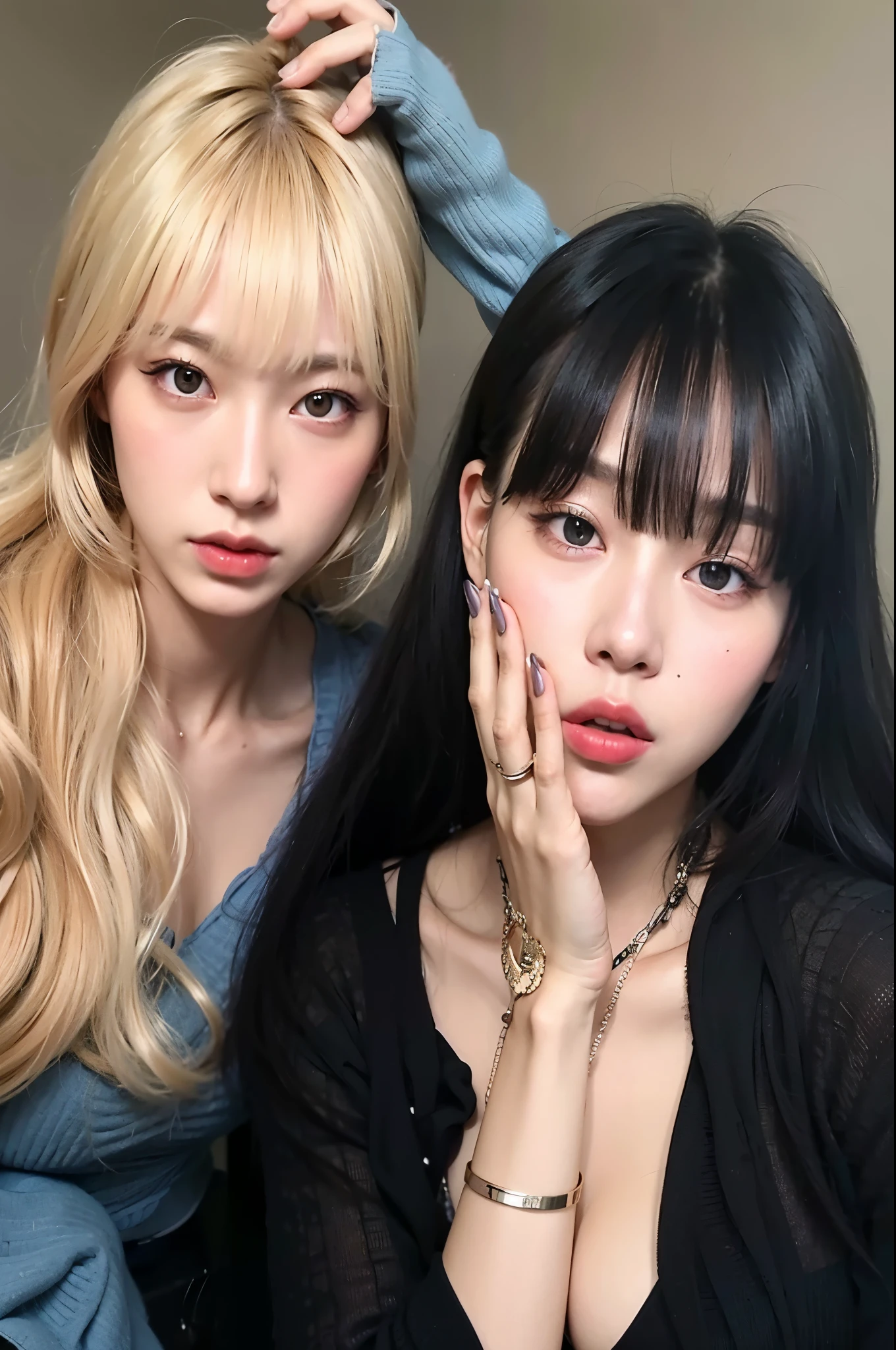 two women with long hair and bangs posing for a picture, ulzzang, popular south korean makeup, lalisa manobal, nixeu and sakimichan, with full bangs, popular korean makeup, long hair with full bangs, with bangs, long hair with bangs, she has black hair with bangs, with black, long white hair and bangs