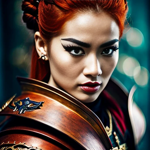 A fierce and determined warrior, Disney style, with bold makeup, oil painting by Harald Sohlberg, intense brown eyes, fierce lips, fiery red hair, warrior's bronze accessories, a fierce battleaxe, fierce hairstyle, fearless Qing dynasty ornament, sturdy steel fiber, a sturdy feature, and sturdy leather clothing --q 2 --niji 5 --ar 2:3