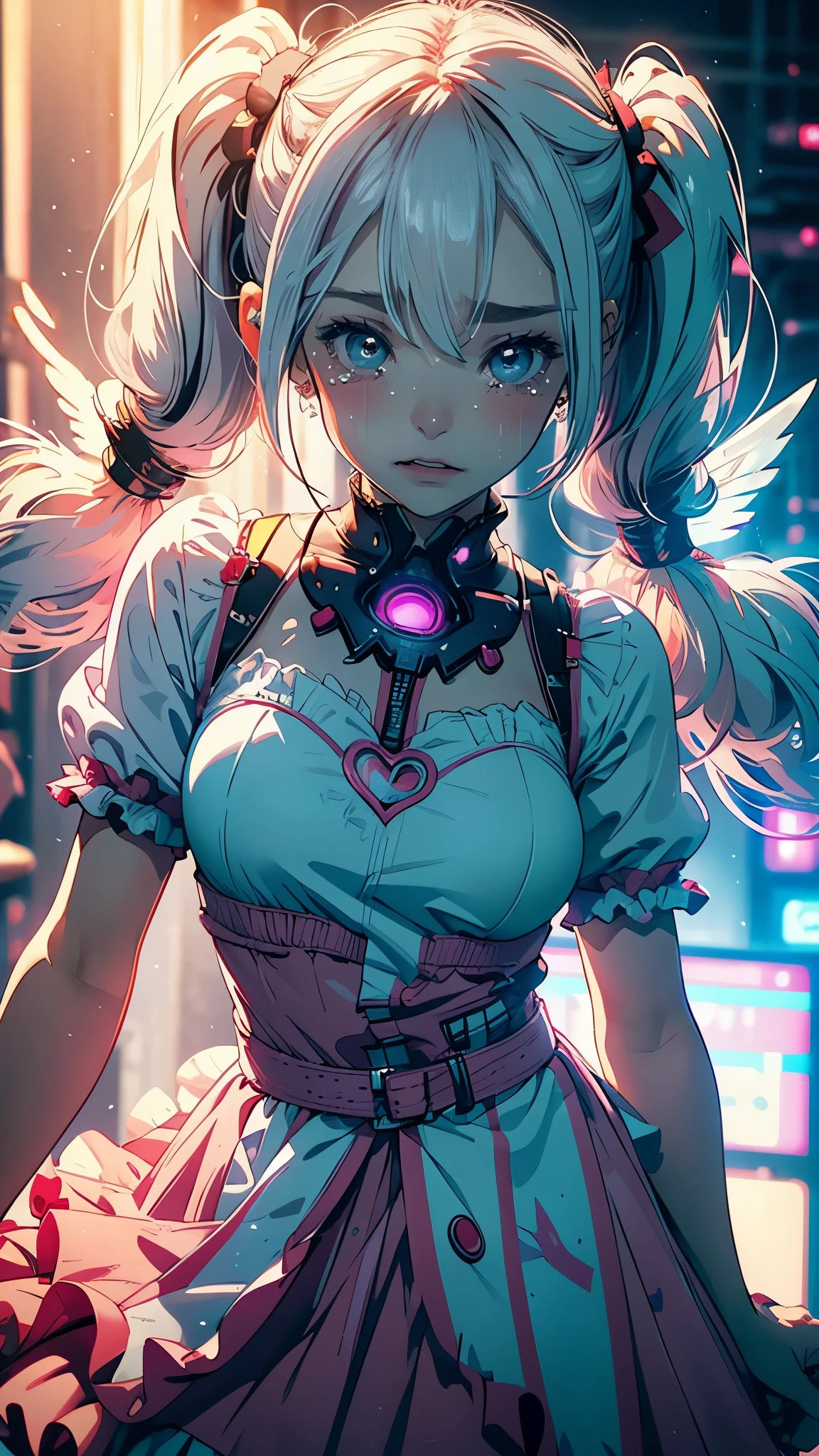 hair bobbles, wince, long eyelashes, solid circle eyes, light smile, ear blush, fang, (white hair), makeup, blush, sad, sad smile, drop shadow, anaglyph, atmospheric perspective, 8k, super detail, accurate, best quality, (cyberpunk), cinematic lighting, masterpiece,1girll, ((((short twintails)))), Colorful hair, flying, pink bows,((16-year-old female model)), (angel halo), ((( wings ))), , panorama, eye level shot, (((lolita dress))), (((wide shot))), (((( color splash ))))